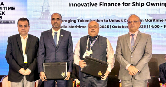 MOU signing ceremony at India Maritime Week 2025 From left: SCI Director Mr. Vikram Dingley, MOL Executive Officer Anand Jayaraman, SCI Head of Department Capt. Ashwini, SCI Director Mr. Rear Admiral Jaswinder Singh